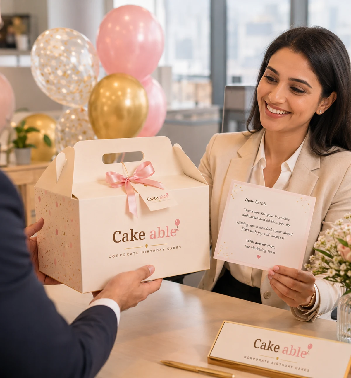 Employee receiving Cake-able birthday cake